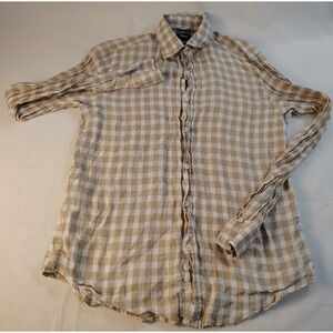 Max Mens Tan Gingham 100% Linen Long Sleeve Button Up Shirt Size Small